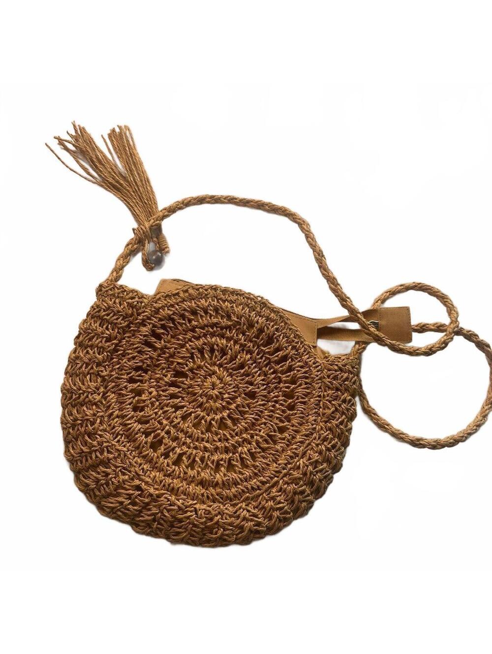 Handmade Round Woven Straw Crossbody Bag with Tassel